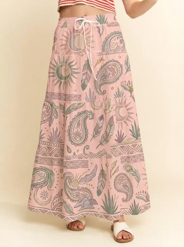 Women's Celestial Boho Paisley Feather Graphic Maxi Skirt