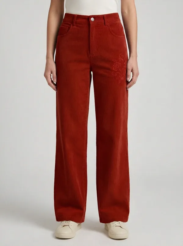 Women's Floral Lover Rose Embroidered Corduroy Pants