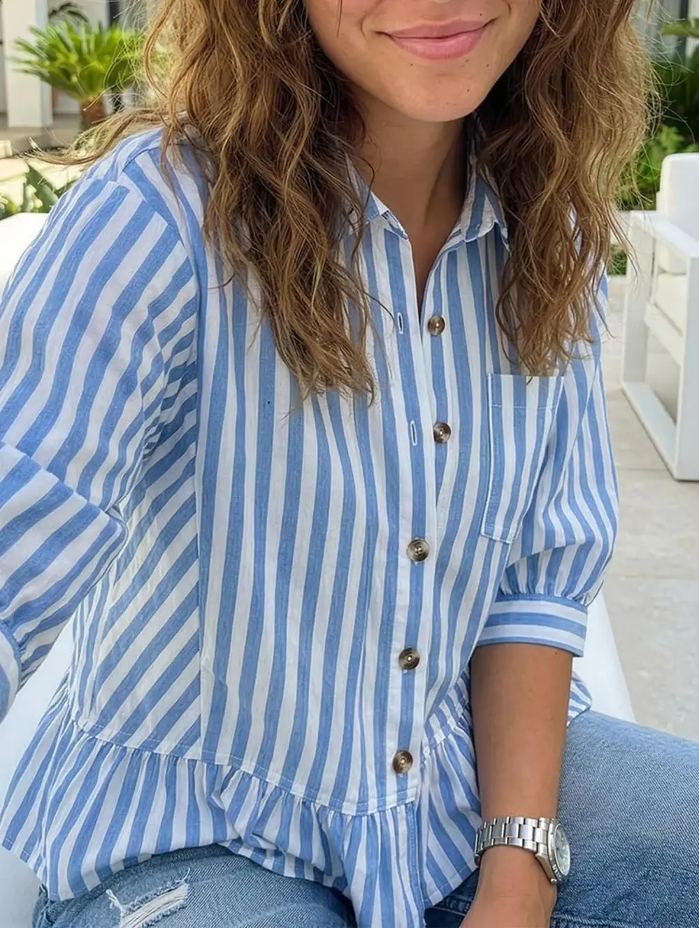 Stripe Button Three Quarter Sleeve Shirt