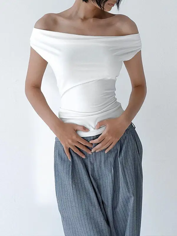 Relaxed Slim Fit Backless Lace Detail Up Sheer Panel Detail Off The Shoulder T-Shirt