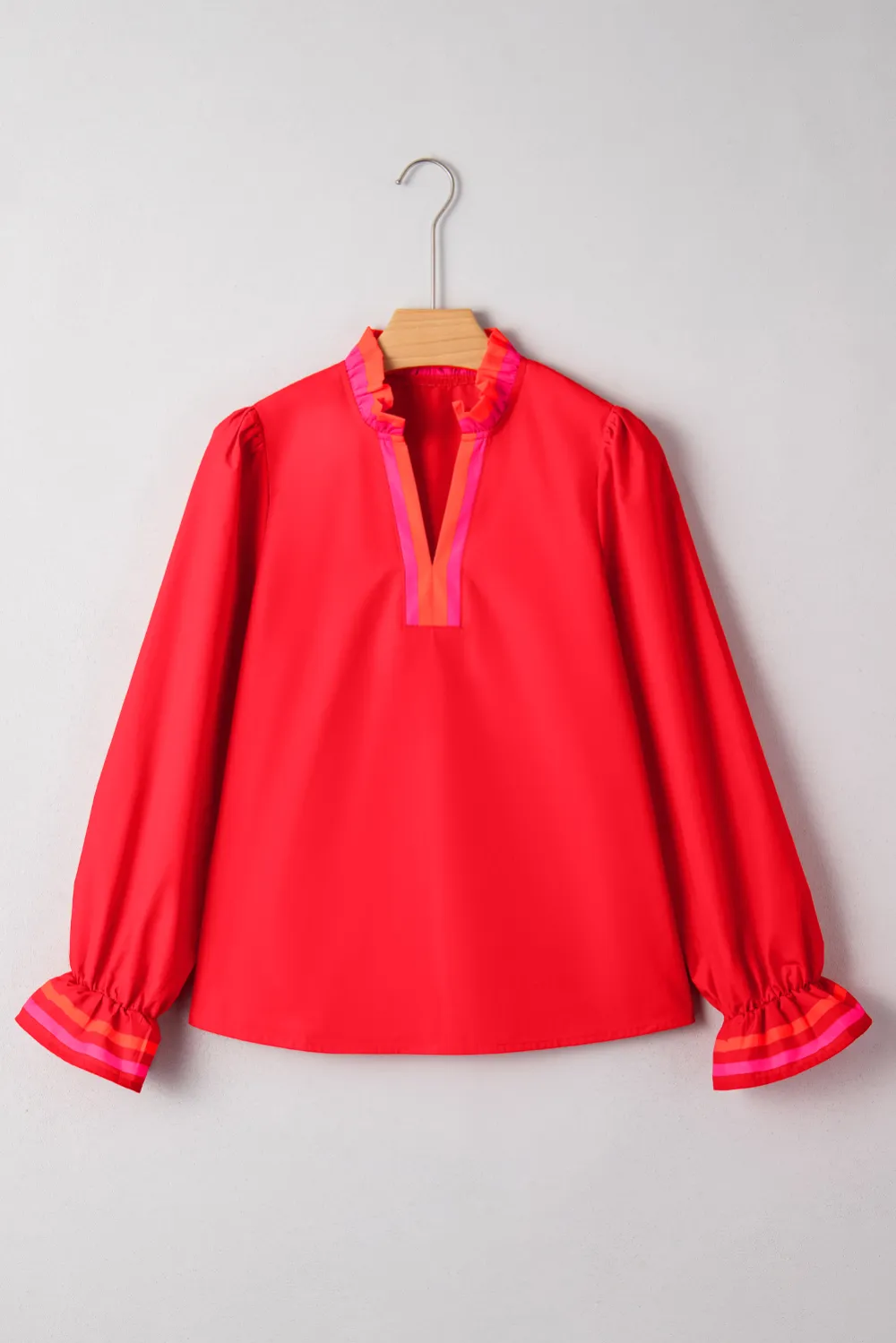 Fiery Red Striped Trim Ruffle Blouse
