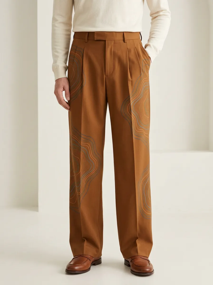 Men's Abstract Topographic Line Printed Wide Leg Trousers