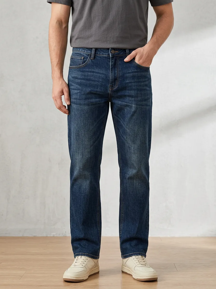 Men's Casual Fashion Dark Wash Patterned Pocket Straight Jeans