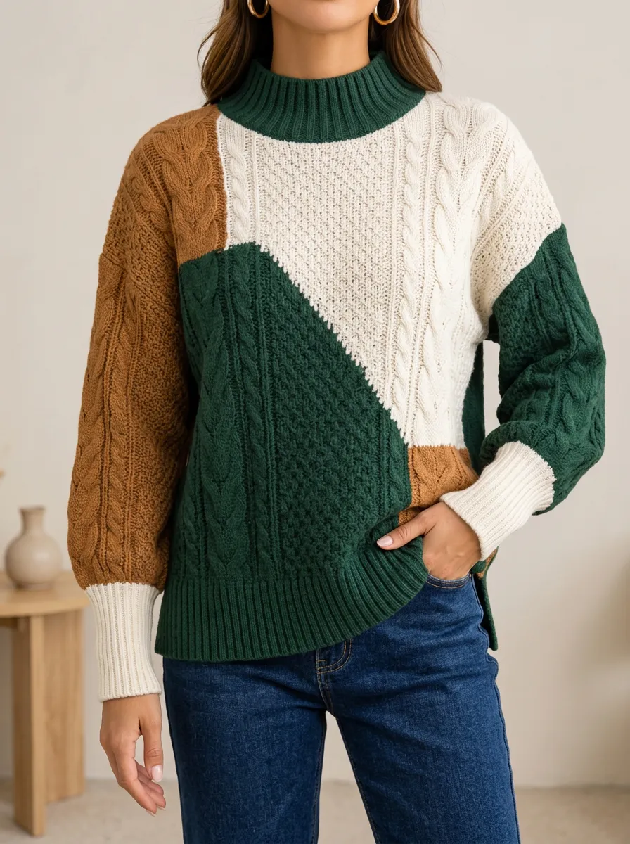 Cable Knit Mock Neck Pullover with Colorblock Contrast