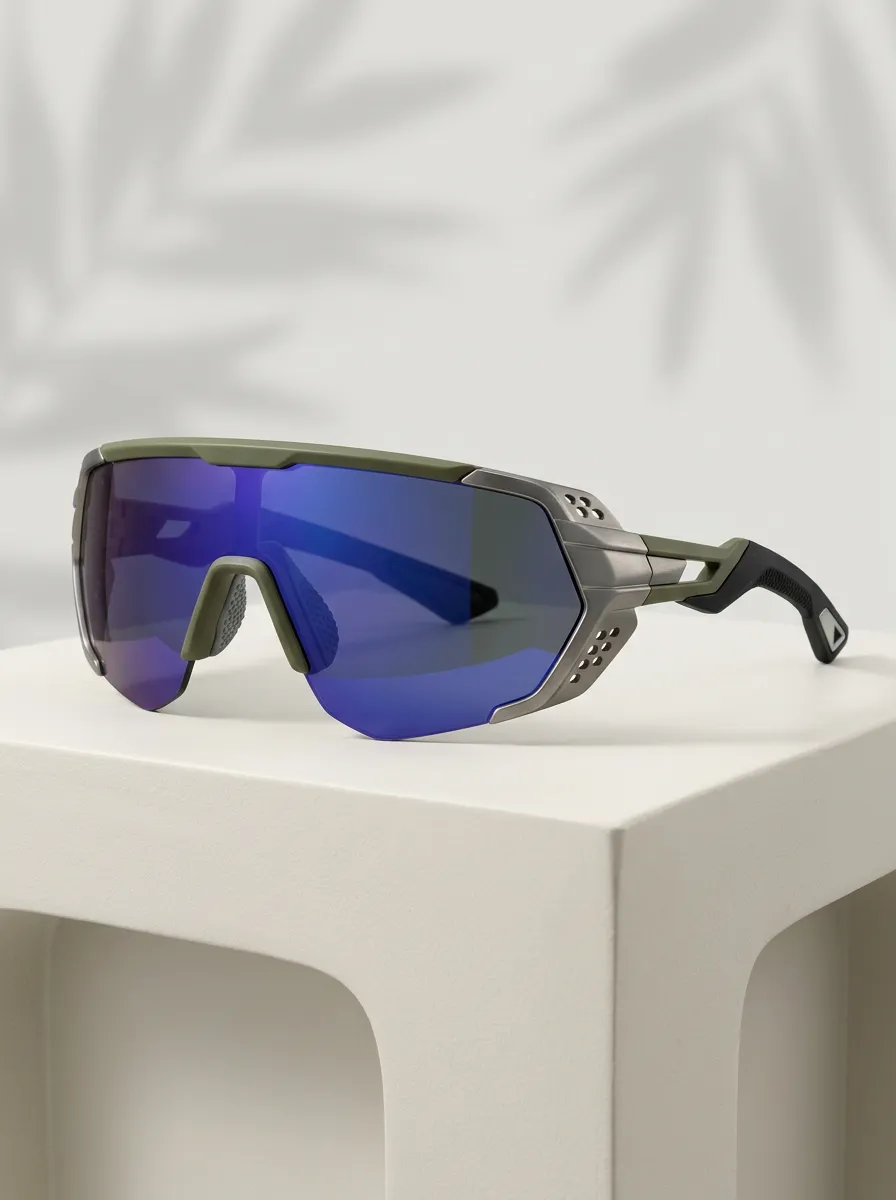 Men's Sport Cycling Blue Mirror Lens Tactical Wrap Sunglasses