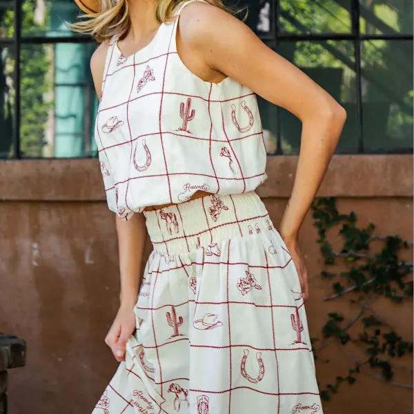Western Crop Top Sets - Cherry Wood