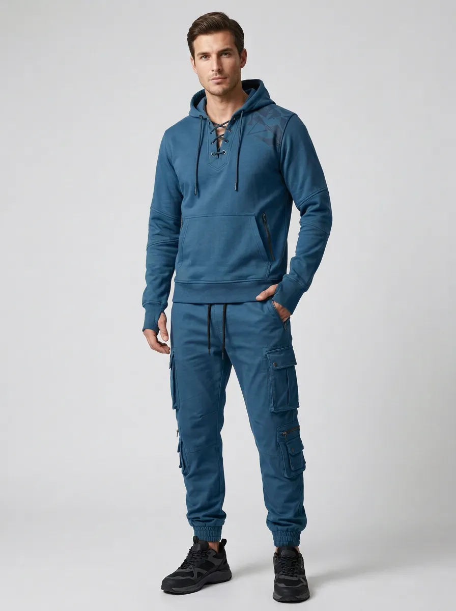 Functional Lace-Up Graphic Print Edit Men's Lace Up Hoodie And Cargo Jogger Set