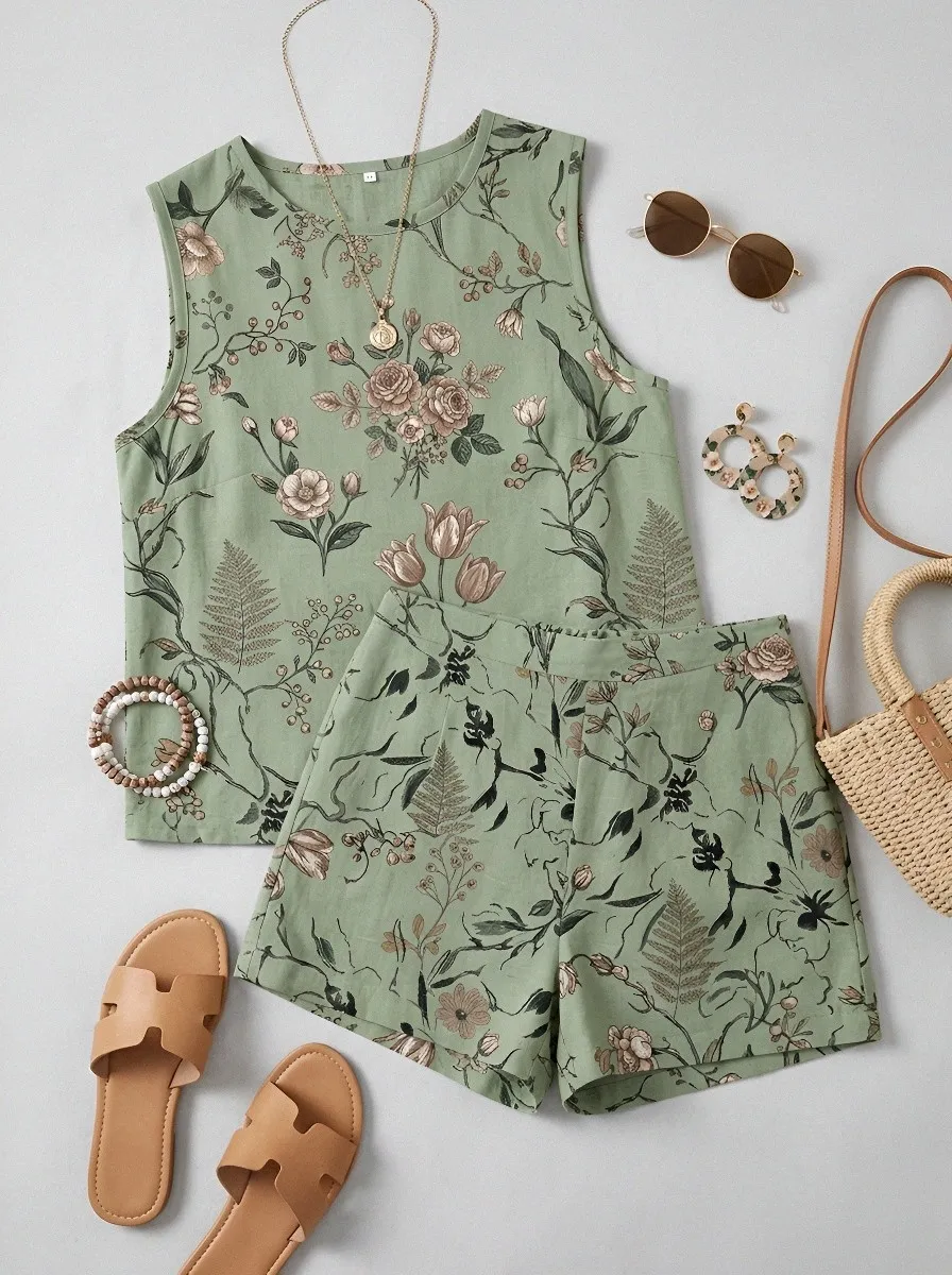 Women's Botanical Garden Floral Printed Sleeveless Shorts Set