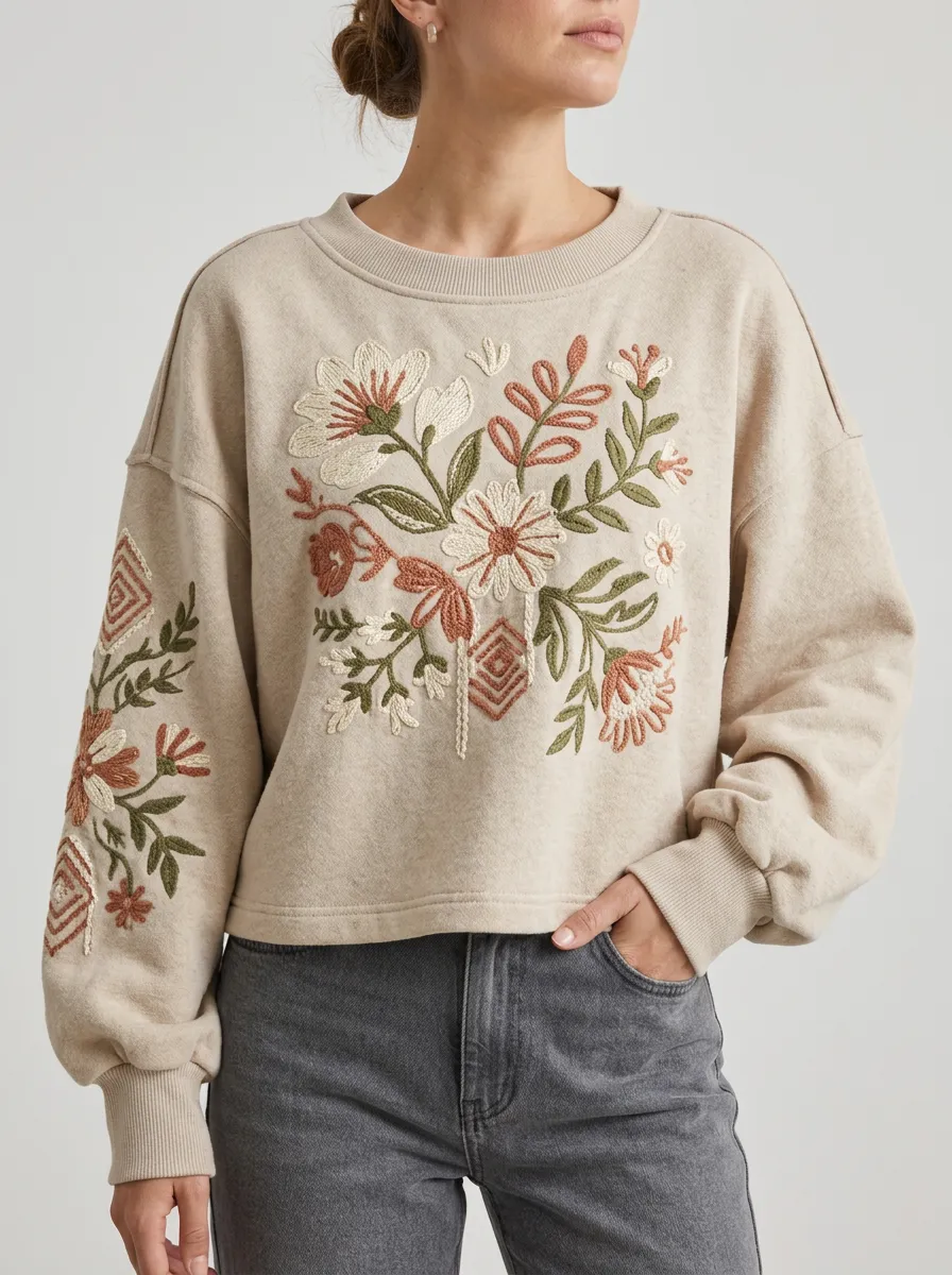 Women's Embroidered Graphic Refined Floral Crewneck Sweatshirt