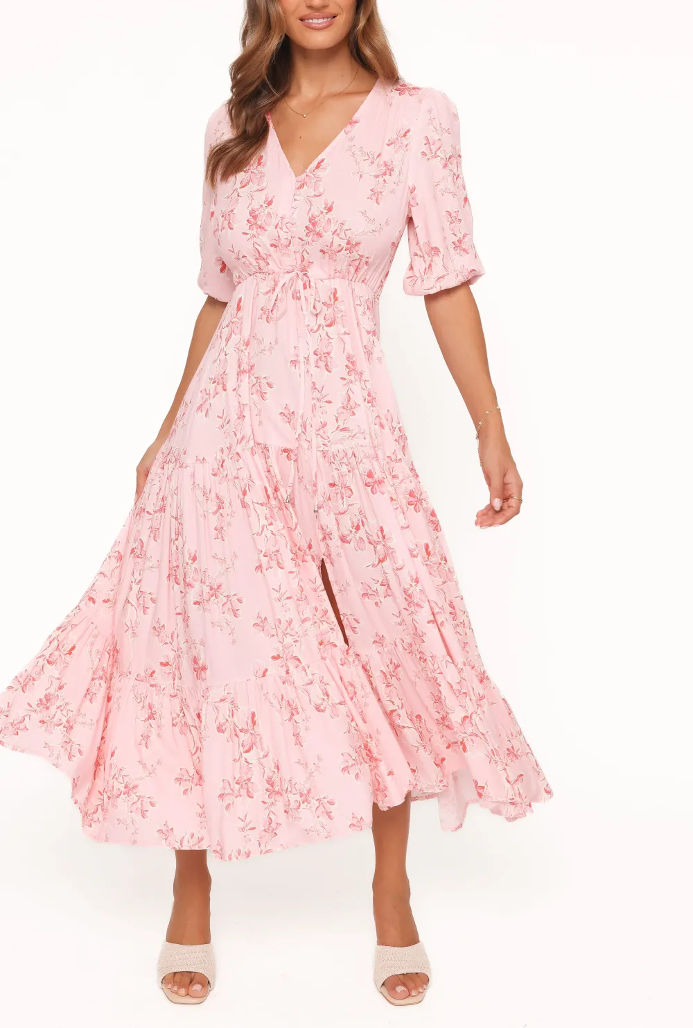 Mid Sleeve V-Neck Maxi Dress