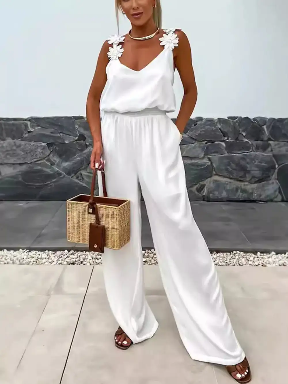 Floral Applique V Neck Wide Leg Jumpsuit