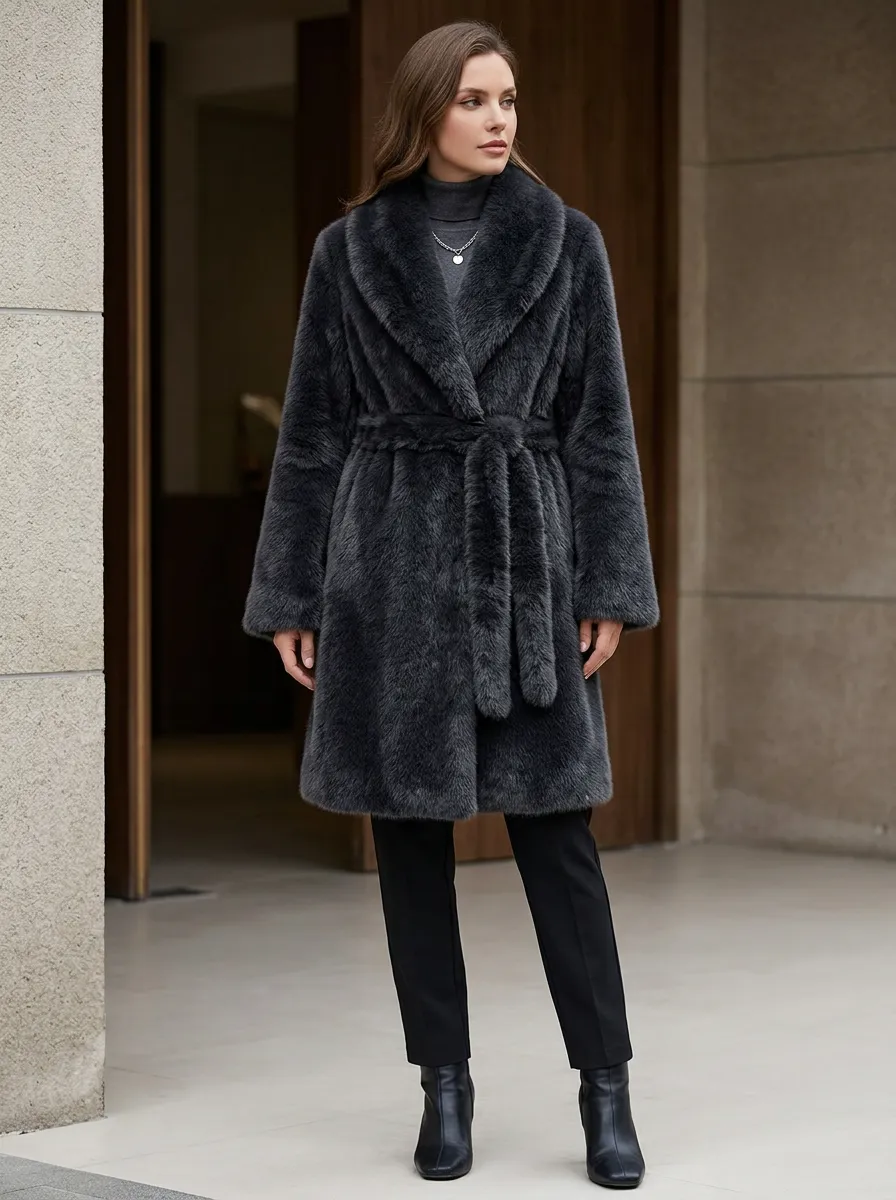 Urban Belted Faux Fur Coat