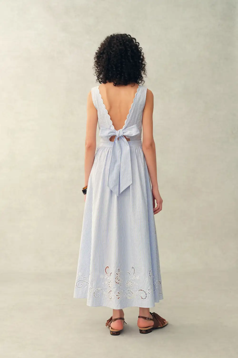 Sleeveless Open Back Embroidered Striped Crinkled Cotton Midi Dress