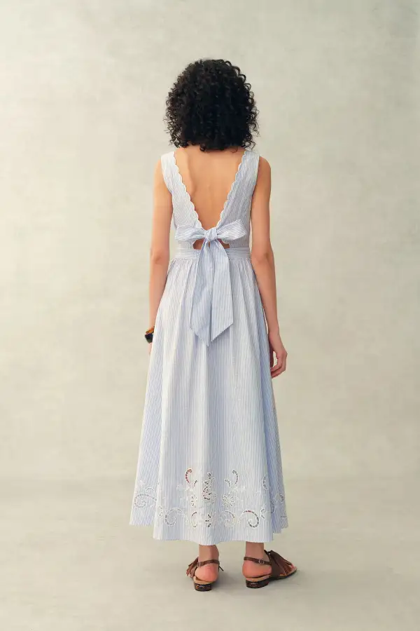 Sleeveless Open Back Embroidered Striped Crinkled Cotton Midi Dress