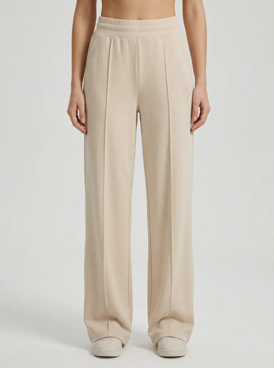 Women's Minimalist Beige Flower Line Art Printed Sweatpants