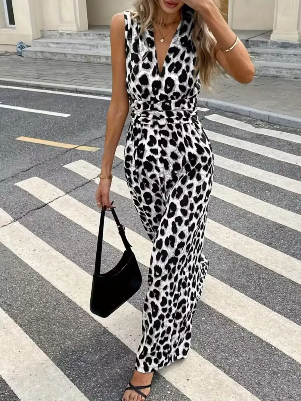 Sleeveless V Neck Leopard Print Wide Jumpsuit