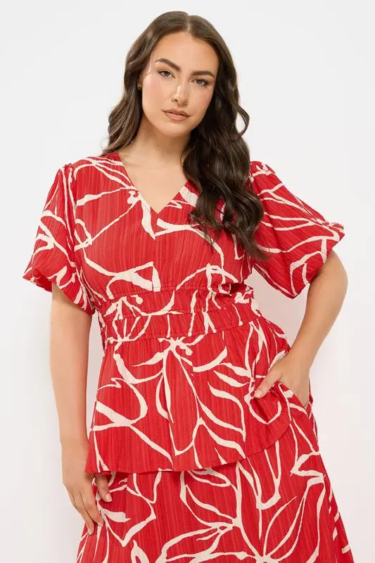 Red Floral Print Puff Sleeve Top
