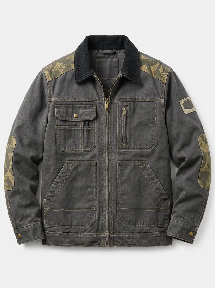 Men's Outdoor Workwear Geometric Patch Printed Canvas Jacket