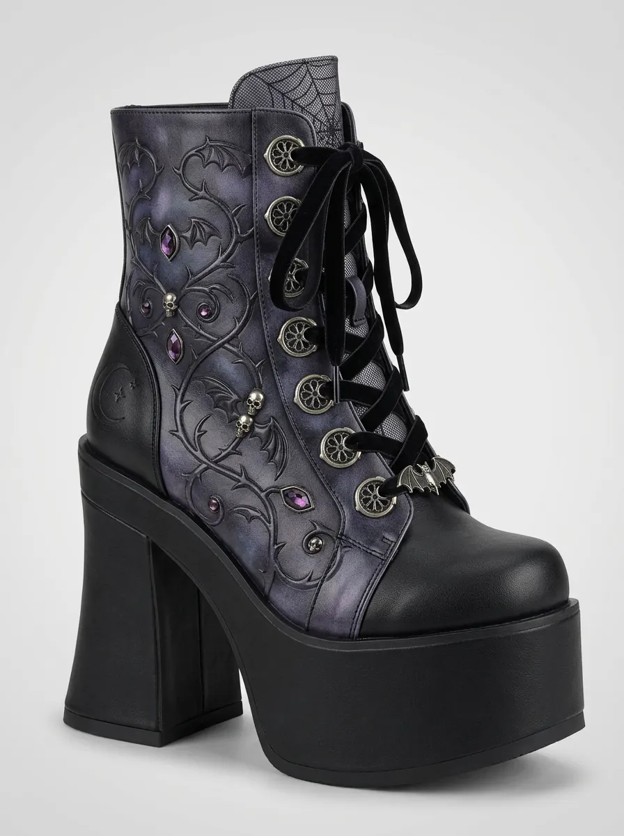Darkwave Skull Bat Vine Statement Women's Gothic Platform Boots