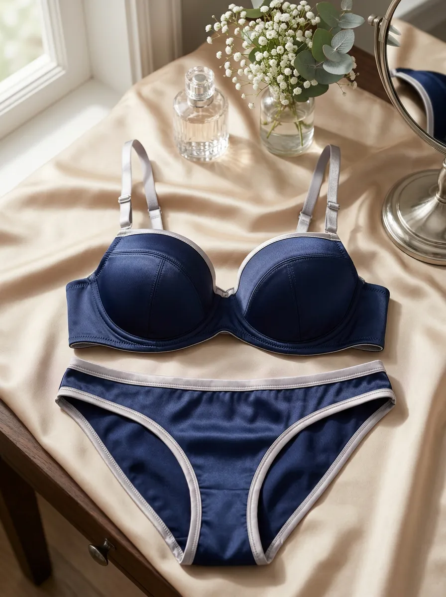 Women's Satin Contrast Trim And Adjustable Strap Lingerie Set