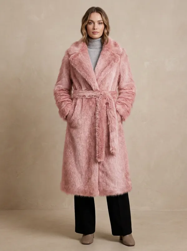 Textured Finish Faux Fur Belted Coat