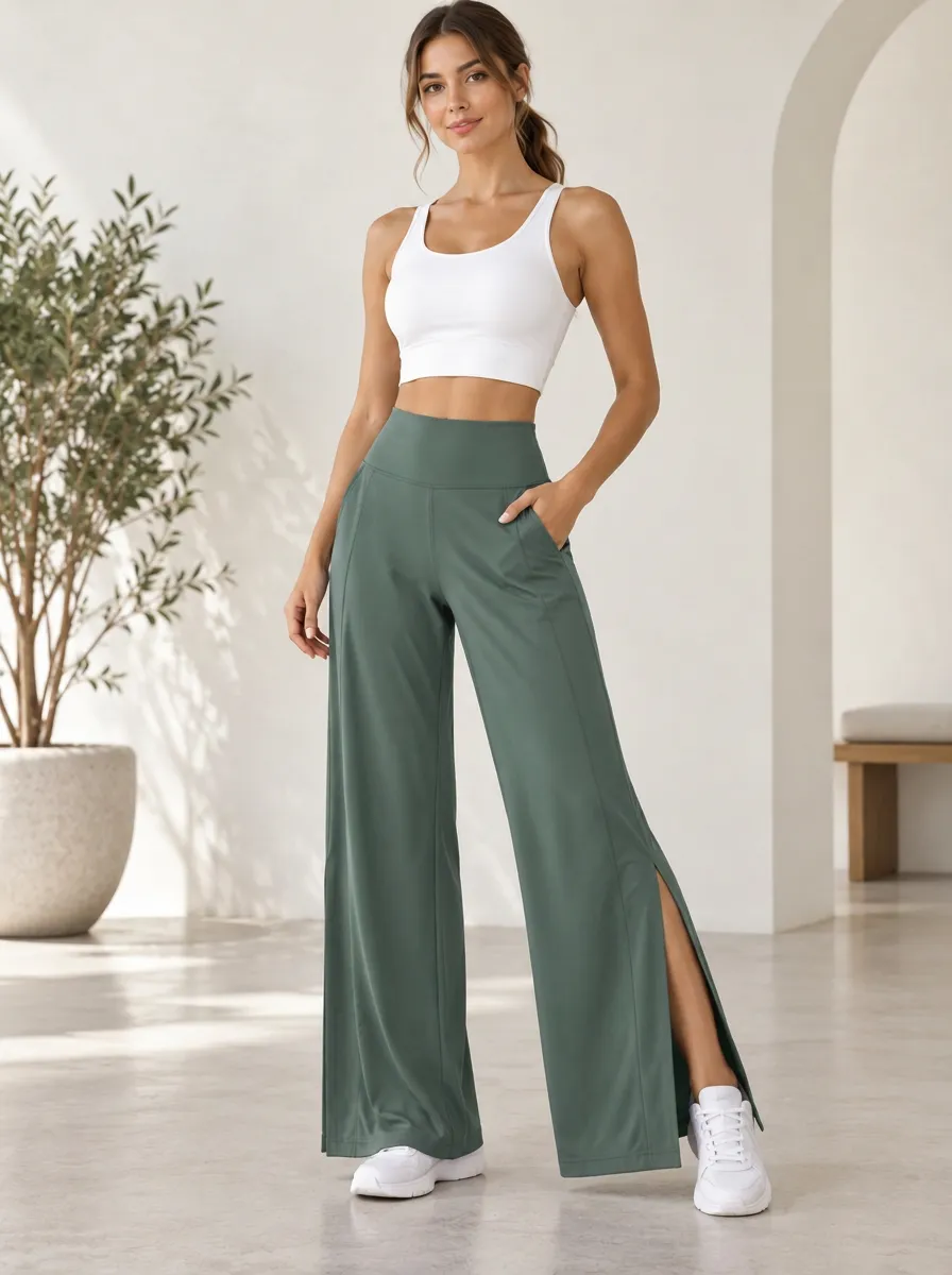 Women's High Waist Relaxed Fitness Wide Leg Slit Training Pants