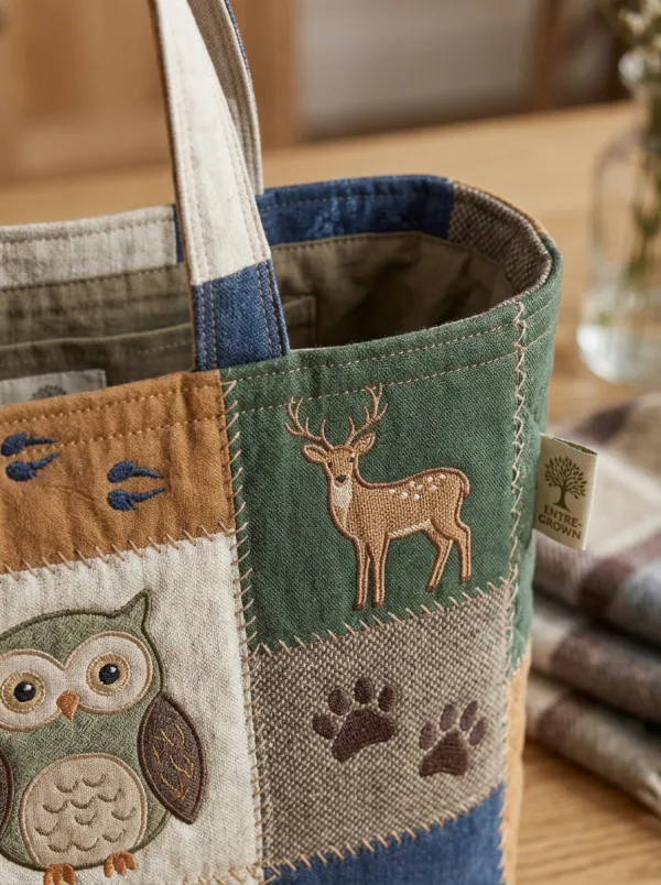 Woodland Animal Lover Patchwork Forest Printed Tote Bag