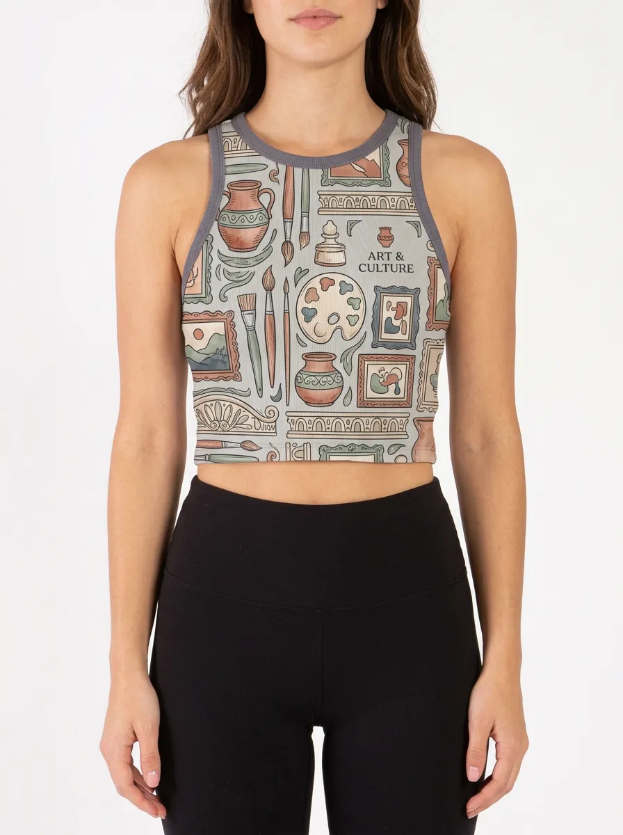 Women's Art Culture Palette Brush Graphic Ribbed Crop Tank Top