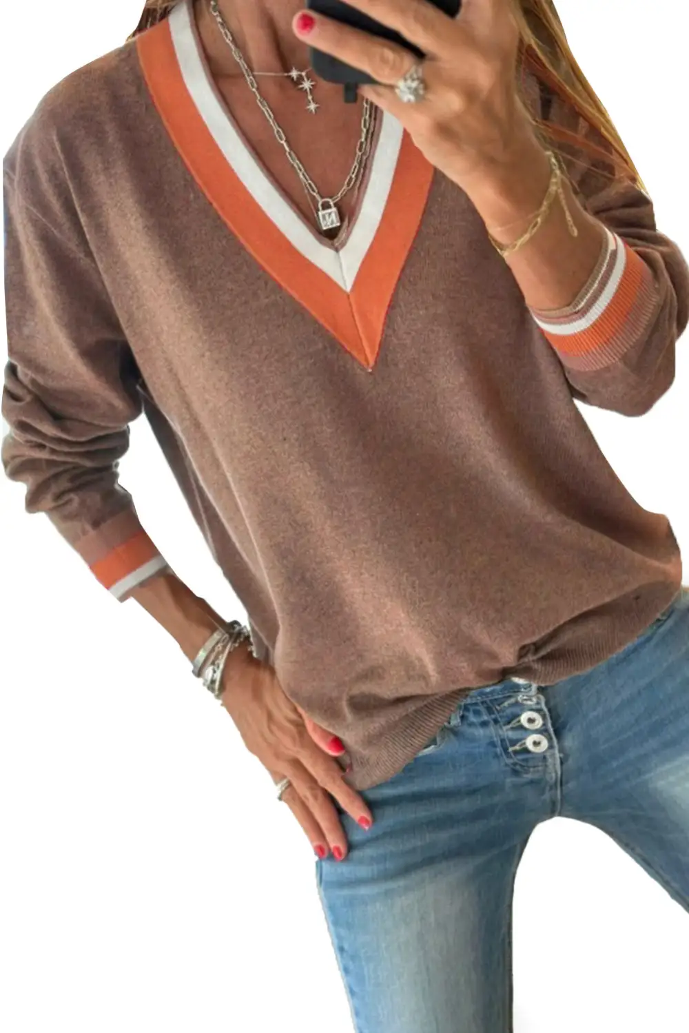 Striped Knit V Neck Sweater