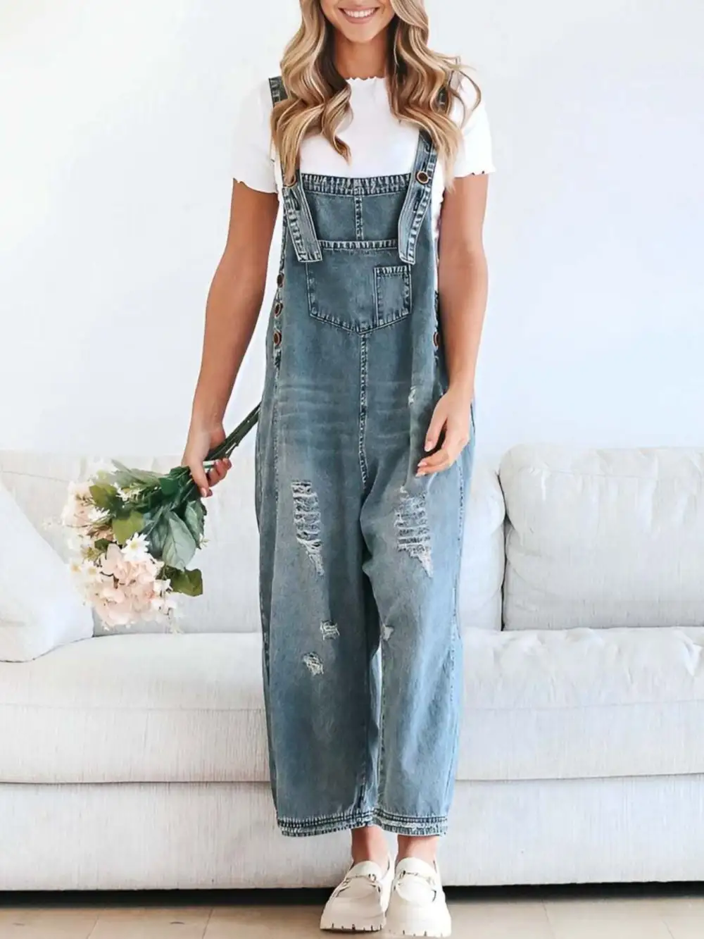 Wide Leg Denim Overalls Relaxed Fit Bib Overalls