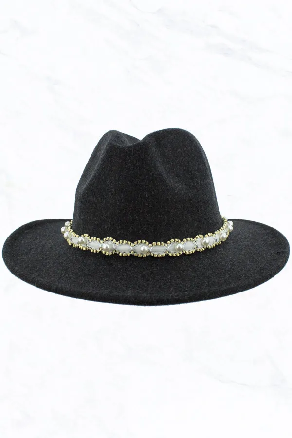 Woman Jazz Hat Pure Wool Top Pearl Belt Hat