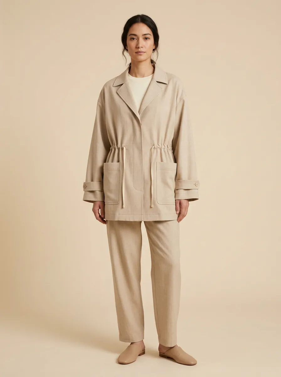 Notched Lapel Drawstring Waist Utility Jacket