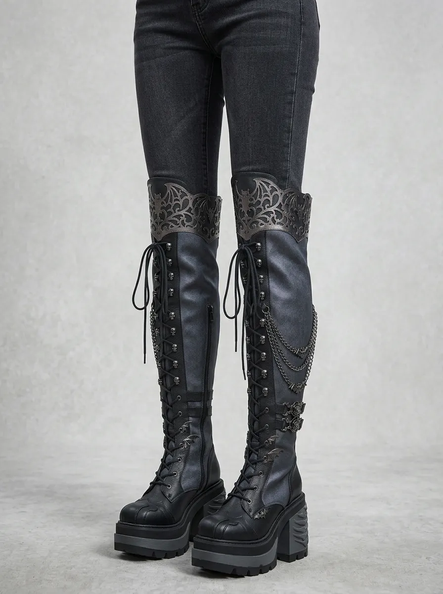 Classic Gothic Skull Bat Wing Look Women's Gothic Platform Boots