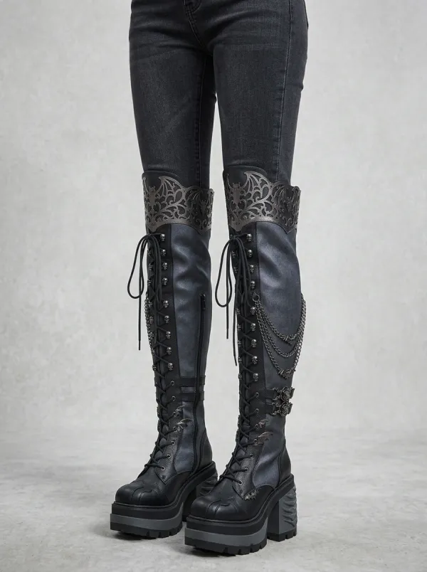 Classic Gothic Skull Bat Wing Look Women's Gothic Platform Boots