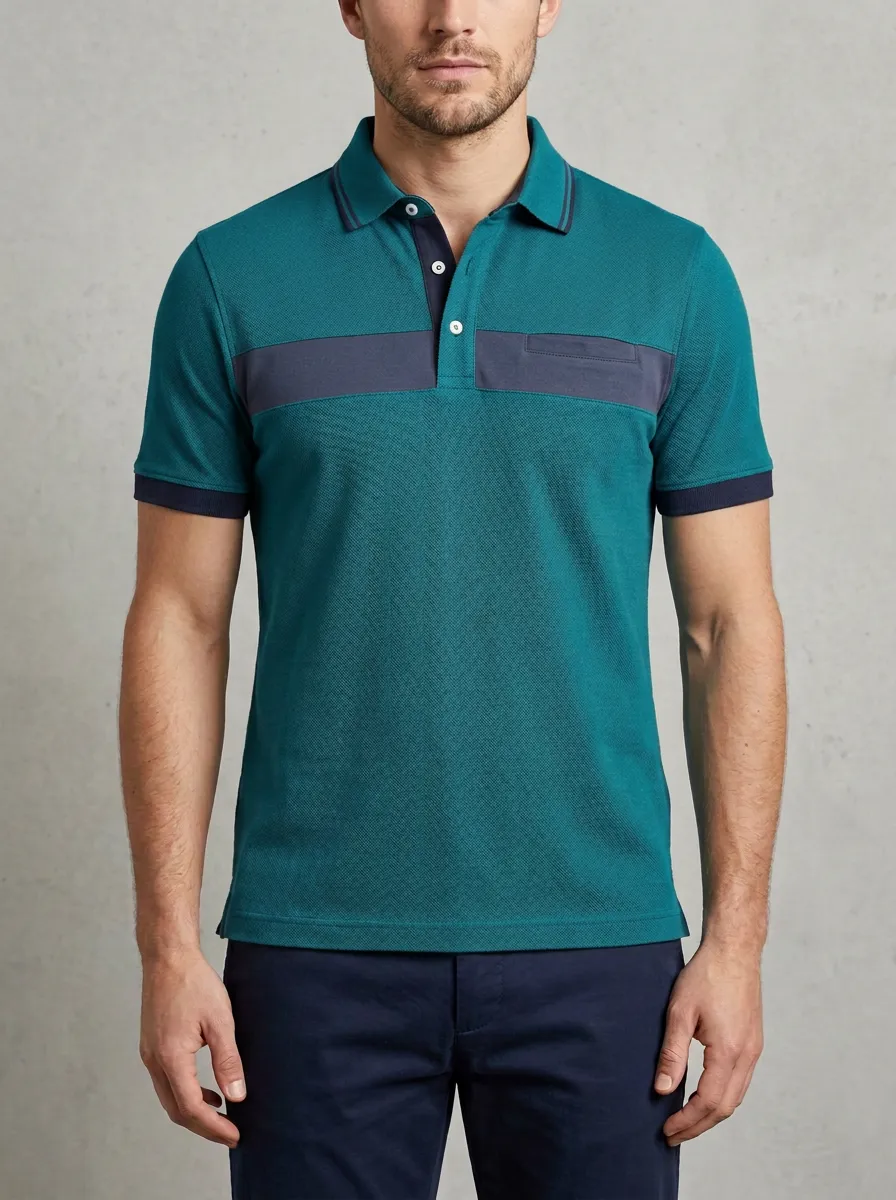 Men's Casual Olive Navy Colorblock Contrast Panel Polo Shirt