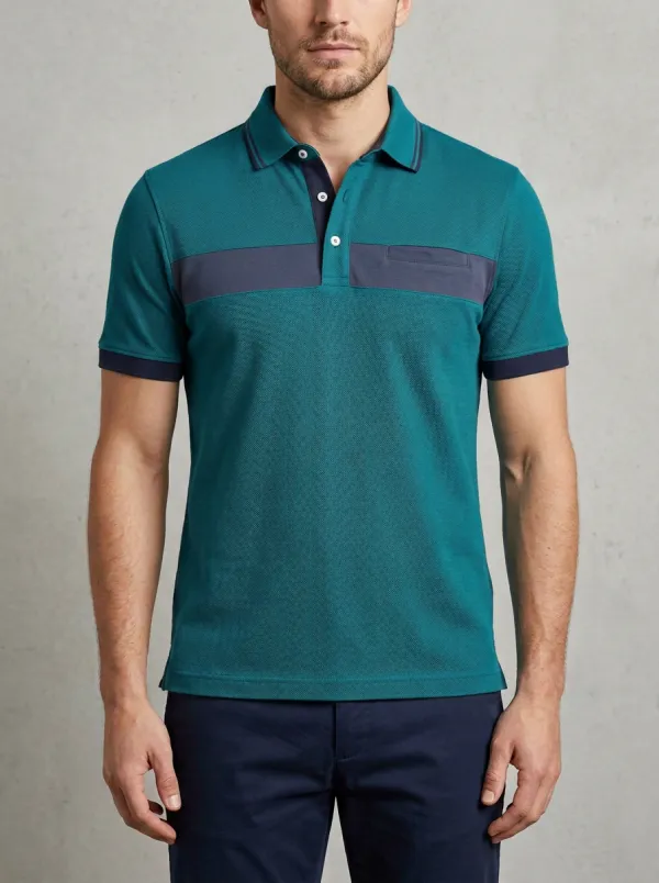 Men's Casual Olive Navy Colorblock Contrast Panel Polo Shirt