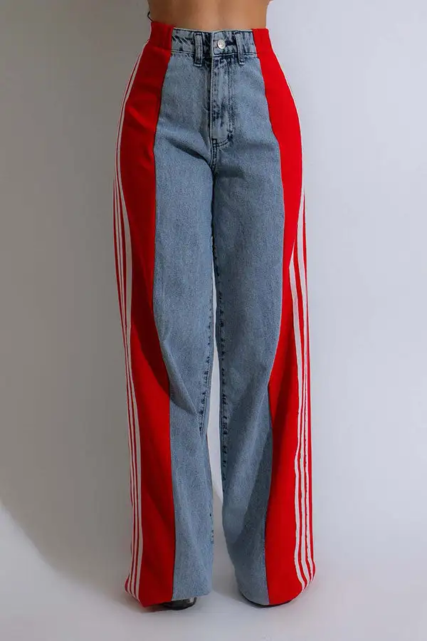 Colorblock Patchwork Washed Wide-Leg Jeans
