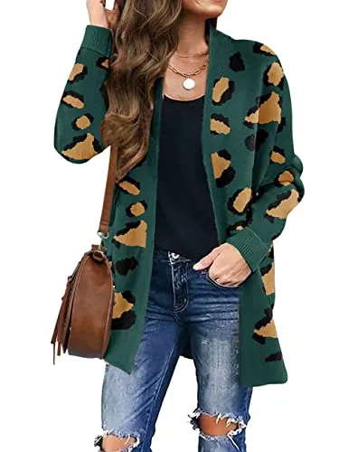Women's Long Sleeves Open Front Leopard Print Knitted Sweater Cardigan Coat Outwear