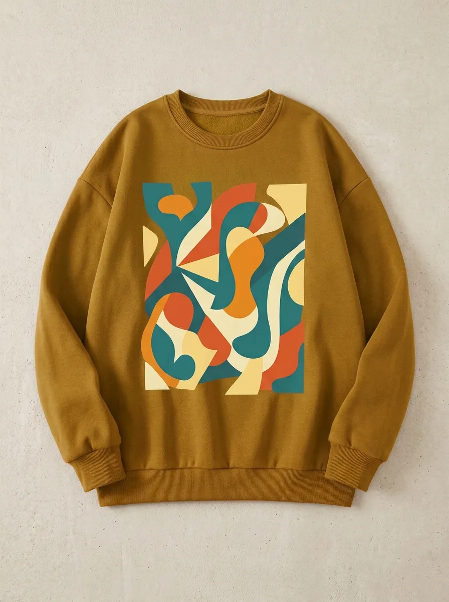 Abstract Art Geometric Pattern Crewneck Sweatshirt With Ribbed Trim
