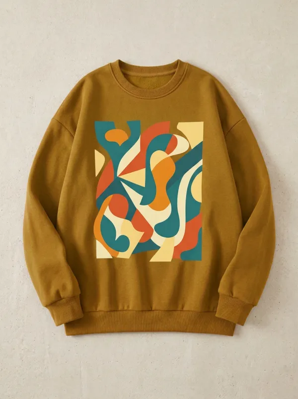 Abstract Art Geometric Pattern Crewneck Sweatshirt With Ribbed Trim