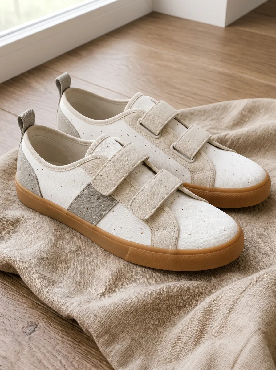 Men's Beige Speckled Canvas Velcro Strap Printed Shoes