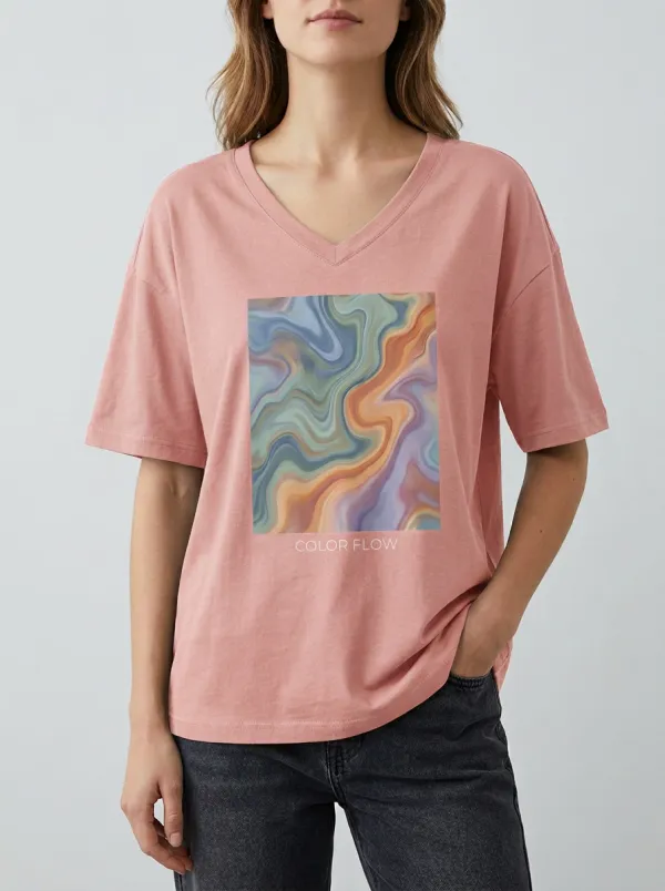 Women's Abstract Art Color Flow Marble Printed V-Neck T-Shirt Everyday Design