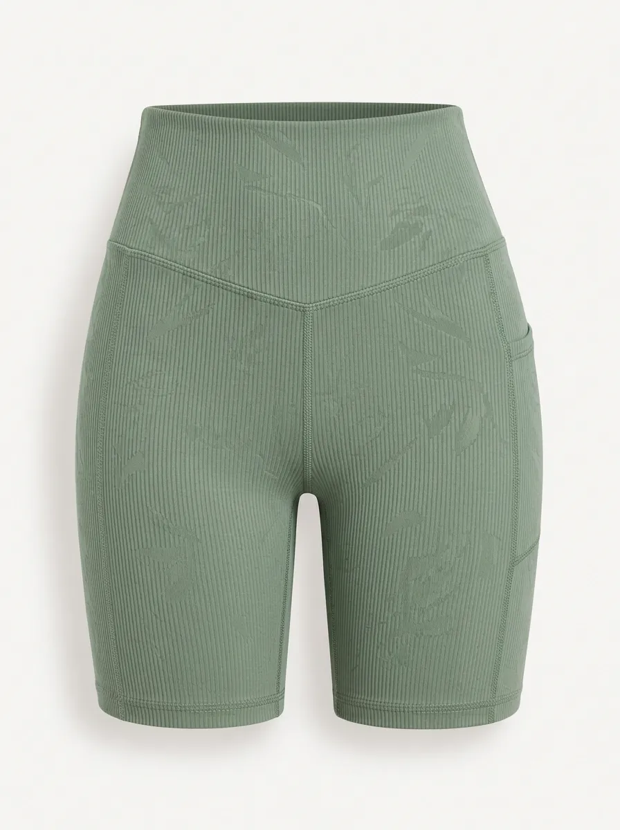 Women's Yoga Fitness Sage Green Leaf Pattern Printed Biker Shorts