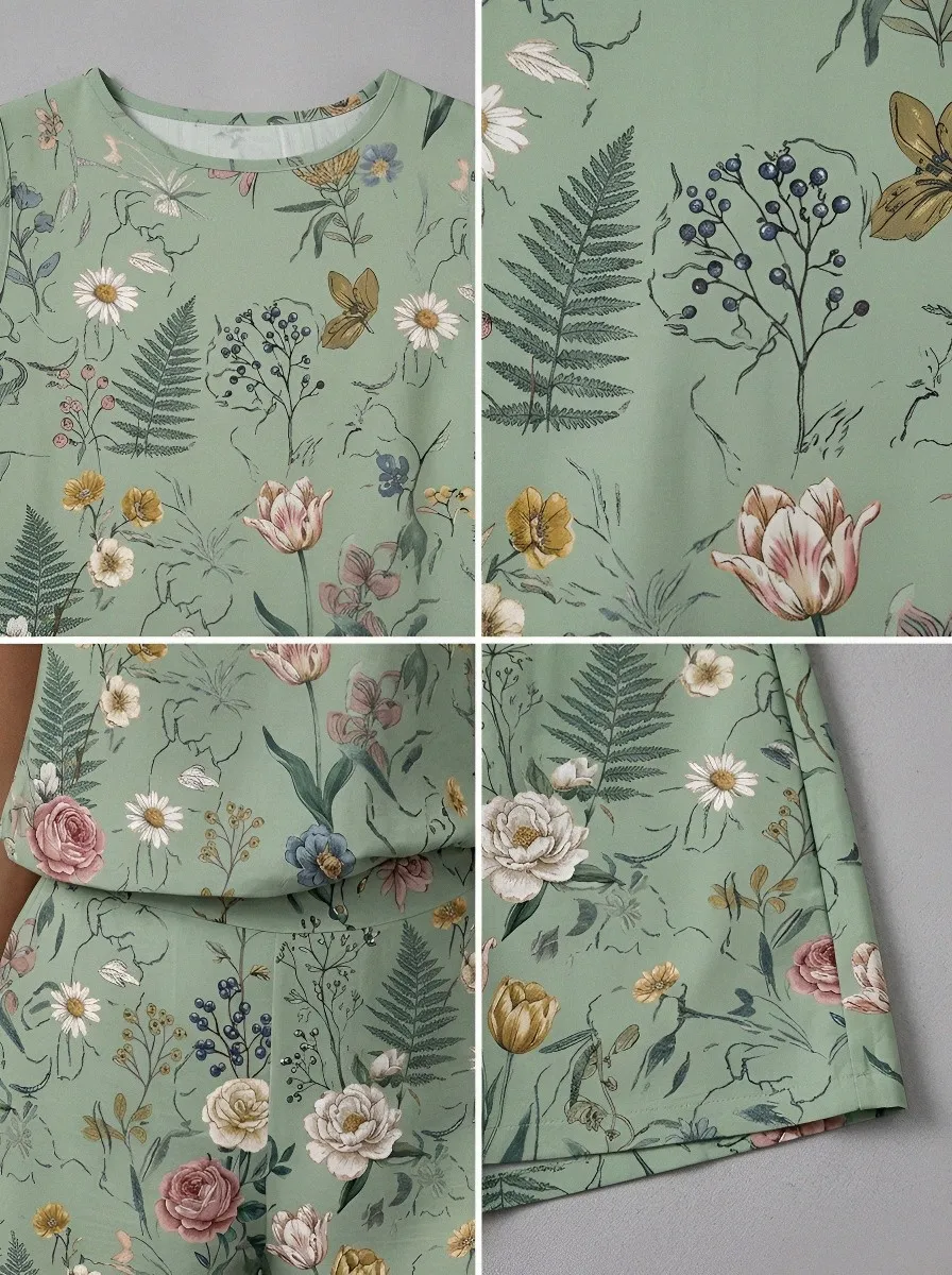 Women's Botanical Garden Floral Printed Sleeveless Shorts Set