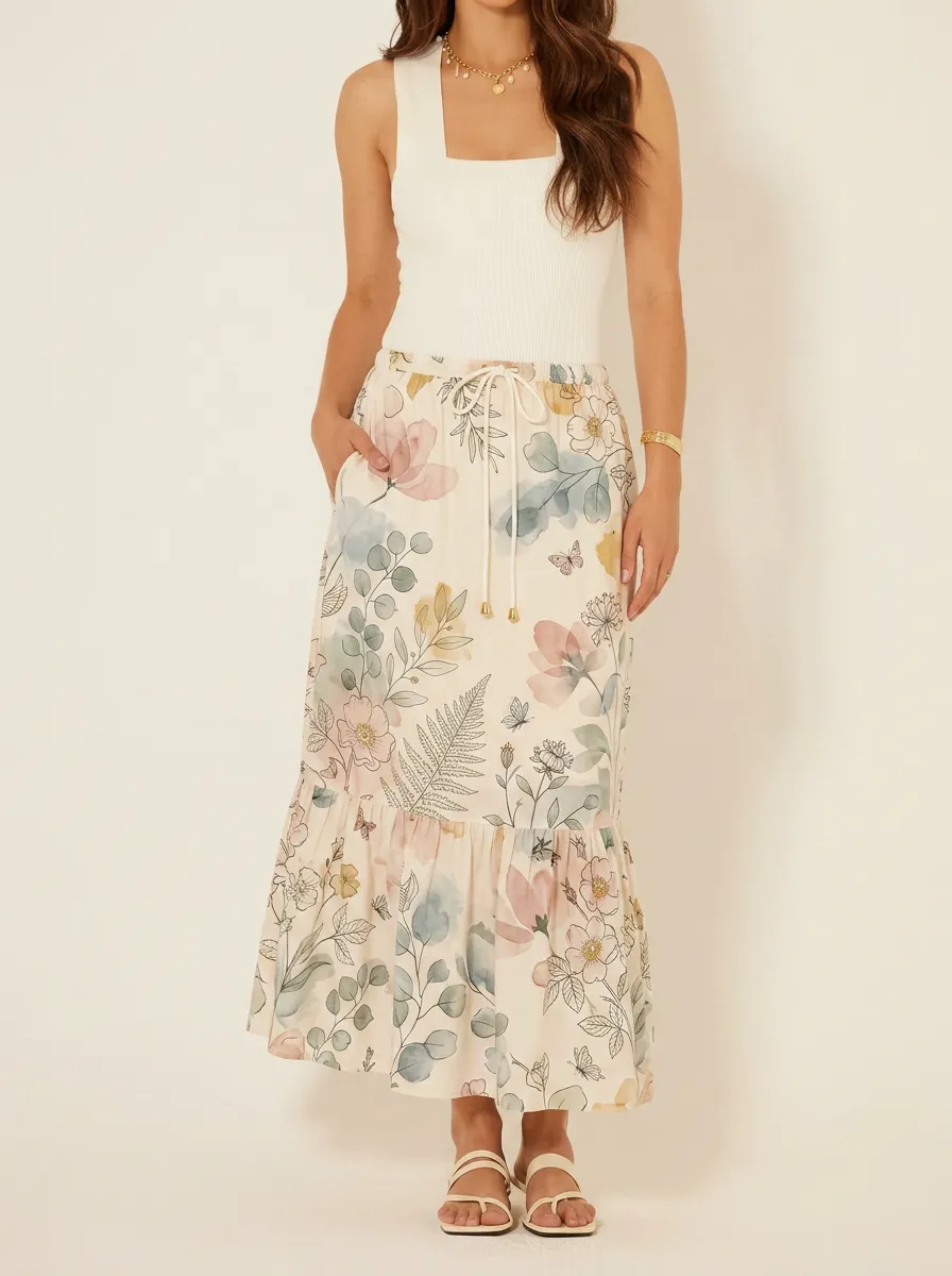 Women's Floral Botanical Garden Butterfly Printed Midi Skirt