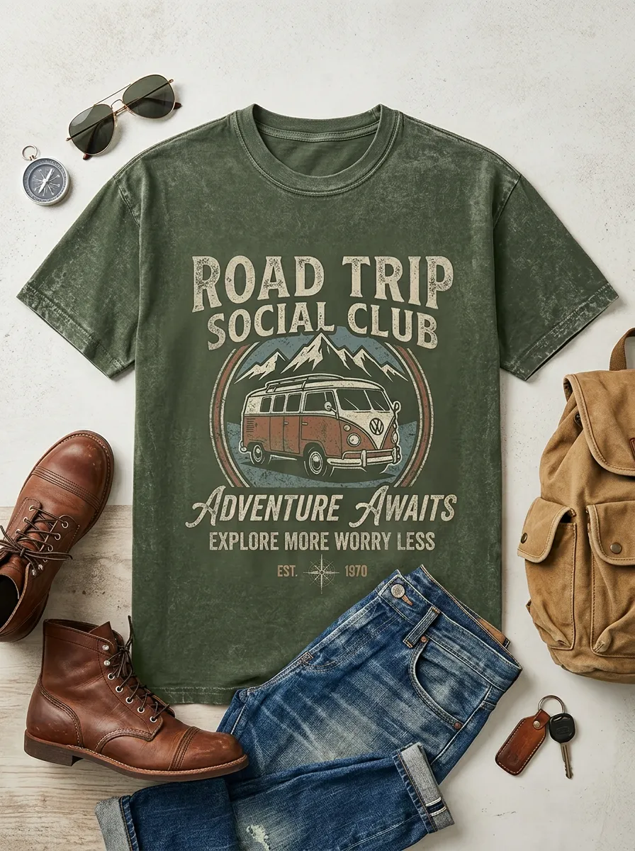 Unisex Road Trip Adventure Vintage Van Printed T-shirt