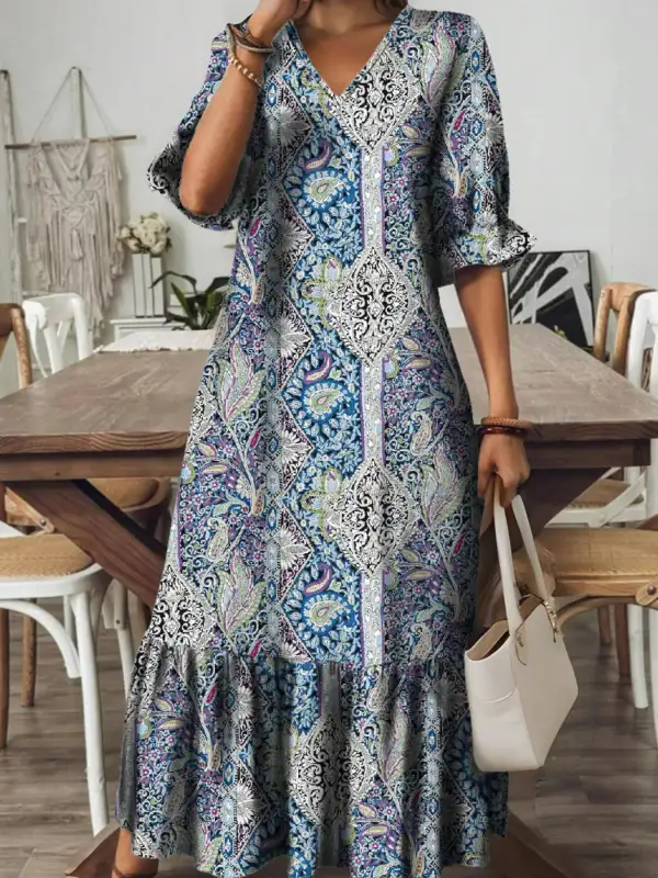 Wearable Cut Paisley Print V Neck Midi Dress