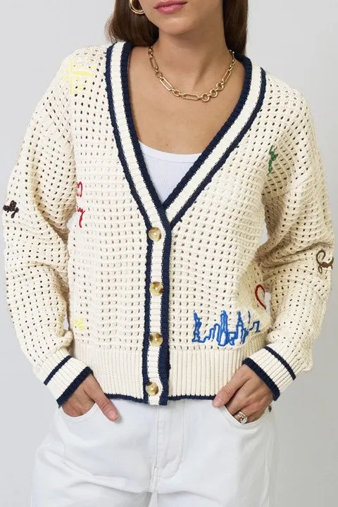 V-Neck Embroidered Knit Cardigan