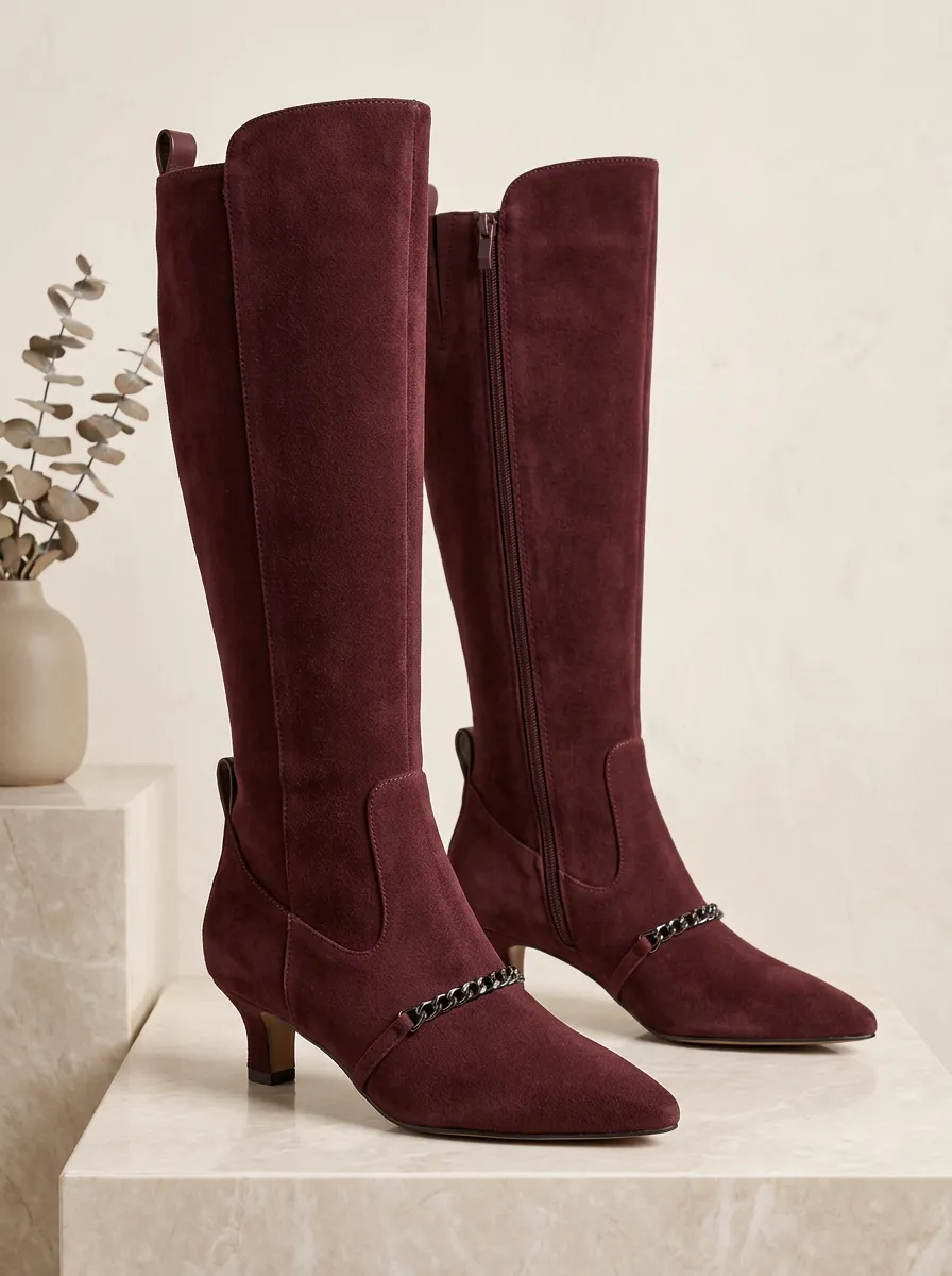 Women's Knee High Boots Chain Detail Suede