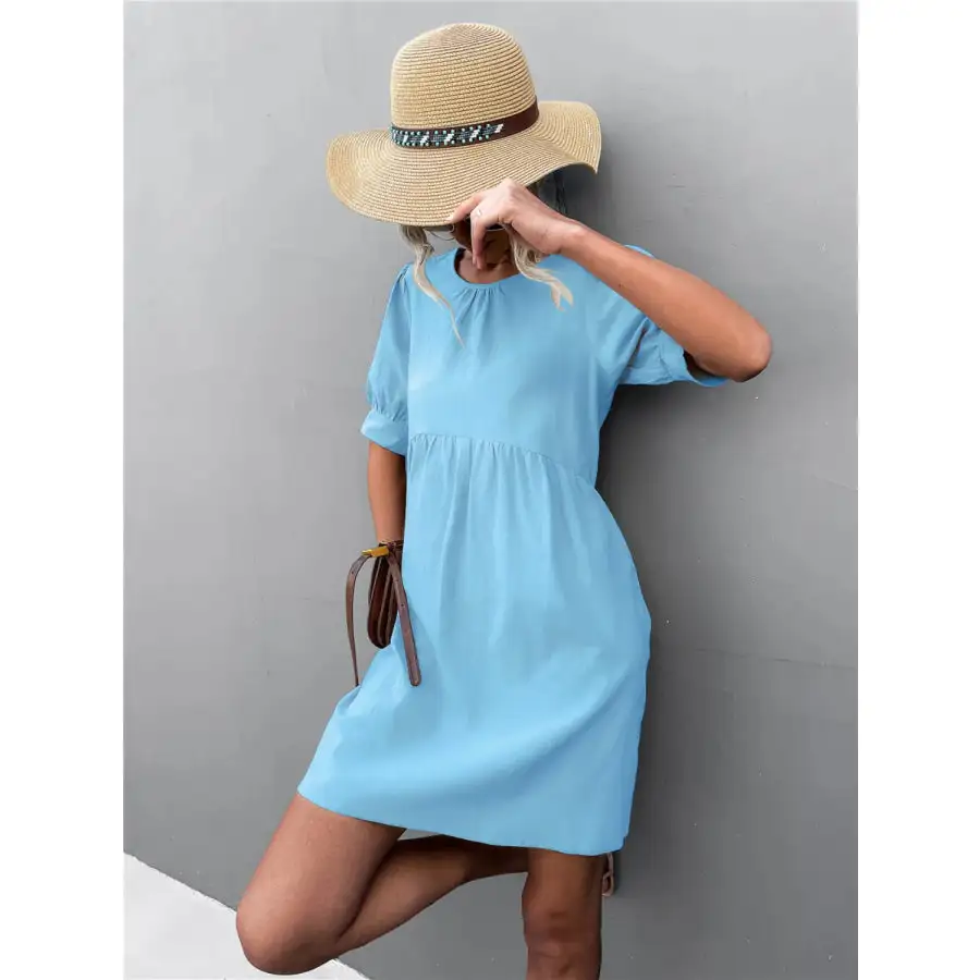 Round Neck Puff Sleeve Mini Dress